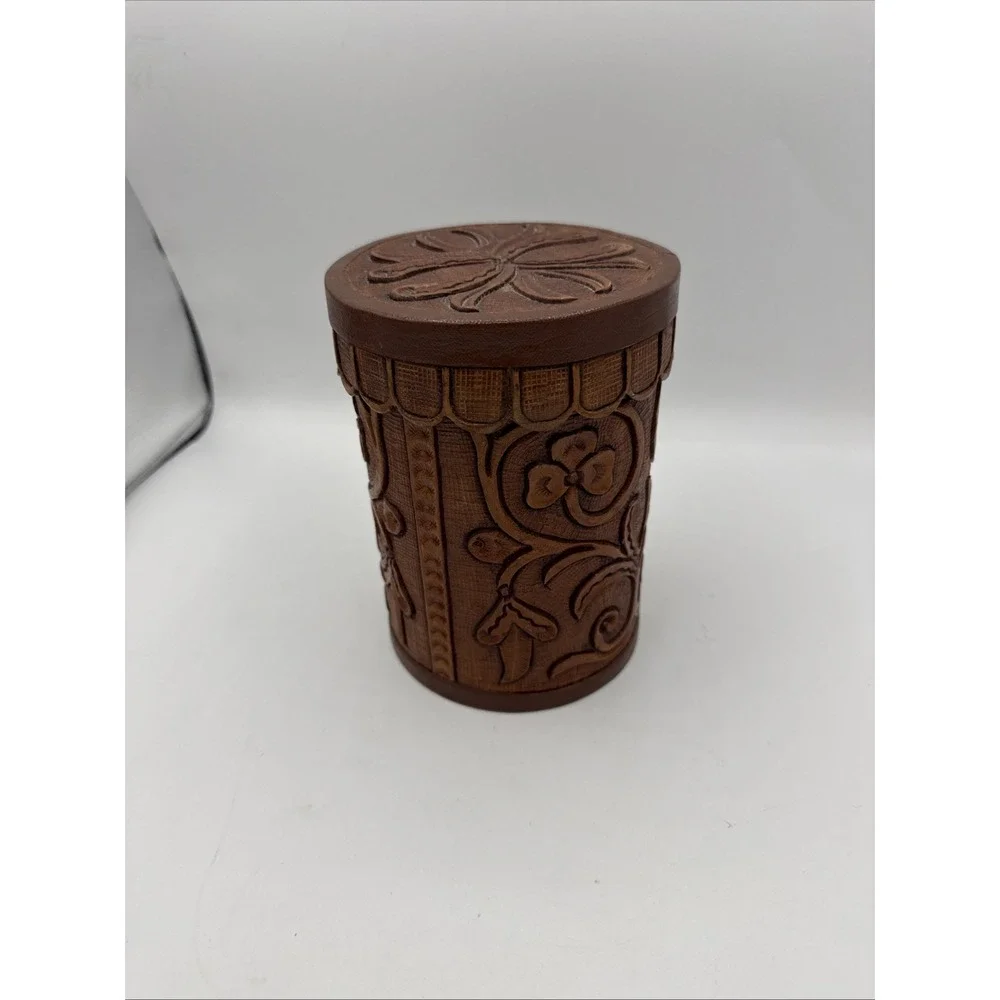 Vintage Hand Tooled Saddle Leather Container Vase Floral Old Western Style